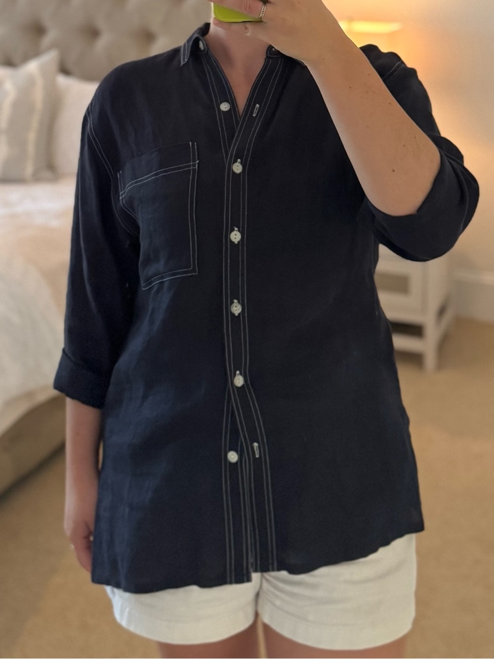 Doncaster Navy Button-Down Shirt with White Contrast Stitching